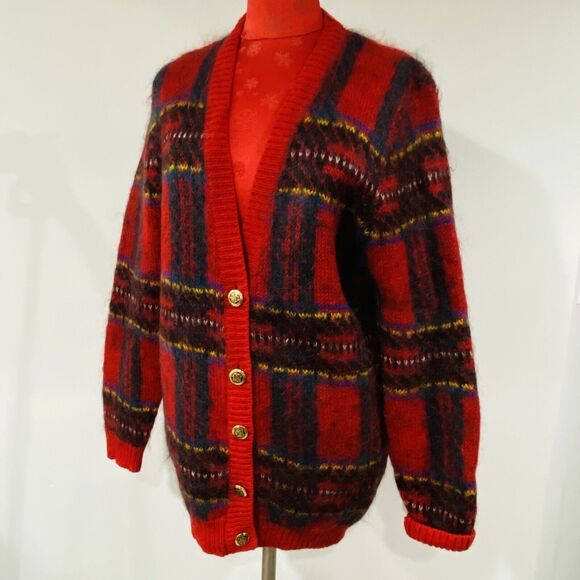 Vintage Susan Bristol Sz M Red Plaid Mohair Wool Blend Cardigan Sweater Classic - Picture 7 of 12
